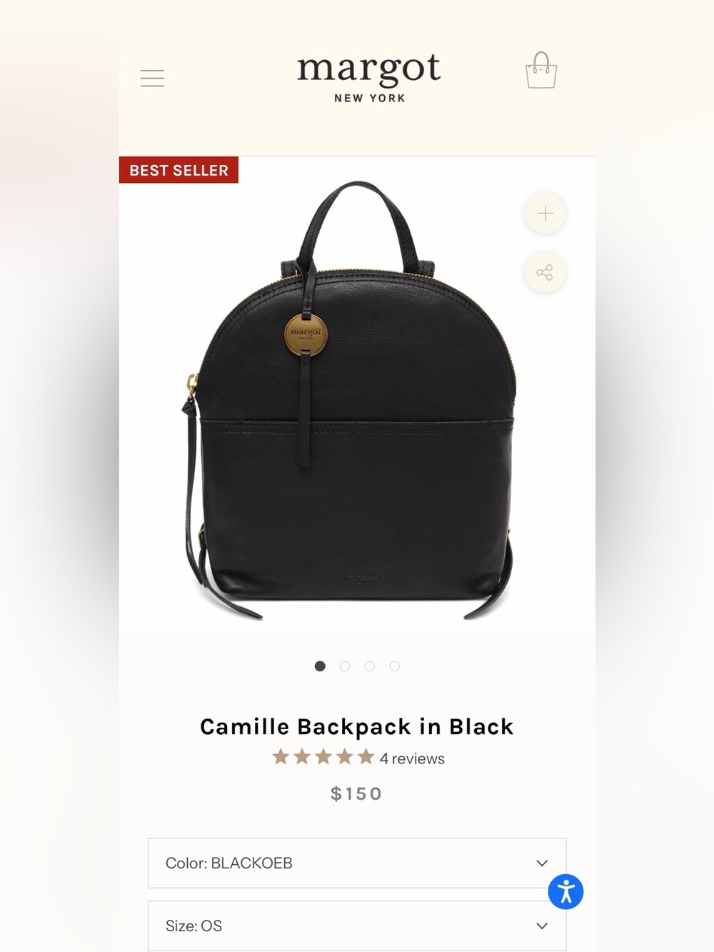 margot Camille Black Leather Dome Backpack with Gold Accent